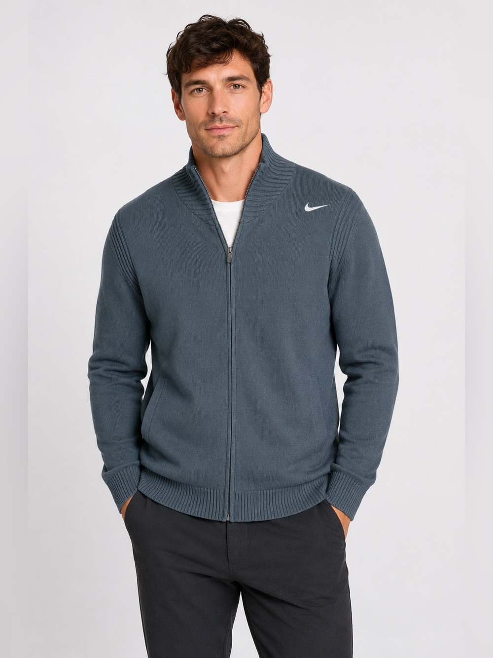 Nike Men’s Gray Collared Full Zip Ribbed Wool Blend Sweater